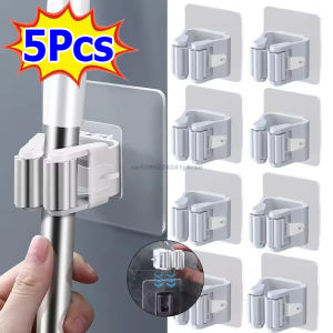 5Pcs Mop Holder Self-adhesive Broom Stand Wall Mounted Mop Support Sweeping Brush Hook Storage Organizer Bathroom Kitchen Accessories