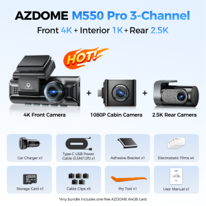 Azdome | AZDOME M550 Pro 3-Channel Dash Cam 4K+1K+2.5K Car Camera Voice Control Built-in 5.8Ghz WiFi GPS ADAS IR Night Vision 24H Parking