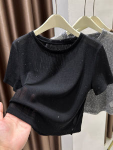 Black Ice Silk Knit Short Sleeve T-shirt for Women Summer Harness Skirt Underwear Base Shirt Sequins Bright Silk Diamond Thin Section
