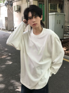 Cleanfit เสื้อยืดคอกลมแขนยาวผ้าฝ้ายแท้สีขาวสำหรับผู้ชาย เสื้อชั้นในฤดูใบไม้ร่วงสไตล์อเมริกัน ทรงปกติ ไร้ซับใน ดูดซับเหงื่อ