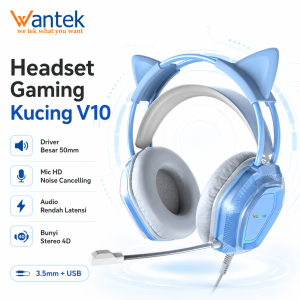 Wantek V10 Cute Cat Ear RGB Headphones Gaming Bluetooth Headset 50mm HiFi Audio Noise Cancelling Mic for PC Laptop Mobile