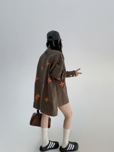 Oversize Loose Long Sleeve Shirt Womens Chic Autumn American Style Street Fashion Embroidery Patchwork Cotton Shirt