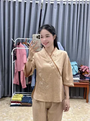 CÓ BIGSIZE 3XL Set bộ nữ đũi vân mây nhật an -đồ lam nữ -quần áo đi chùa