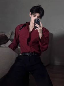 Fancy Thin Abstinence Series Wine Red Shirt Mens Long Sleeves Spring and Autumn Ice Silk Loose Draping Effect Shirt Coat