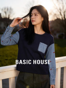Basic House | Spring Retro Denim Patchwork Pullover Round-Neck Top
