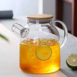 Glass Teapot Heat Resistant 1.8/1L Transparent Borosilicate Cup Wooden Cover Glass Teapot Removable Filter Home Tool VIE LENTE