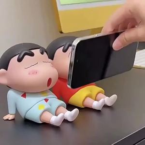 Bandai | Anime Crayon Shin-Chanss Figures Phone Holder Kawaii Desktop Ornaments Cartoon Watching TV Phone Support Cute Doll Decorations