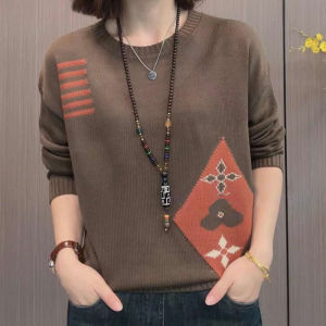 เสื้อสเวตเตอร์ถักคอปกกลมหลวมๆ สำหรับผู้หญิง ฤดูใบไม้ร่วง/ฤดูหนาว สไตล์ชาติพันธุ์ เสื้อชั้นในถักคอปกกลมแบบลำลอง