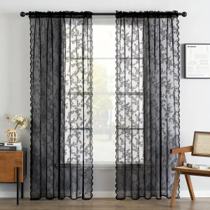 1pc Vintage Floral Embroidery Clear Black Lace Curtain Panel - Privacy & Light Filtering Machine Washable