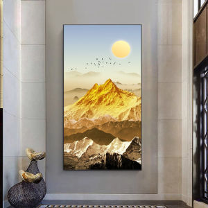 Modern Minimalist Jingcai Mountain View Painting Wealth Attracting Luxury Vertical Wall Art for Entrance Decor Metal Framed