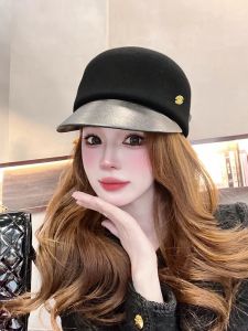 หมวกกันน็อคขนสัตว์ขนแกะฤดูใบไม้ร่วง/ฤดูหนาว หมวกทรงห้าแฉกสำหรับผู้หญิง สไตล์ย้อนยุคสุดเก๋ หมวกทรงห้าแฉกแบบมีขอบสั้น สไตล์อังกฤษ หมวกทรงห้าแฉกรอบสี่เหลี่ยม