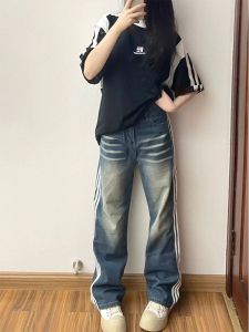 Retro American Washed หลวม ขาตรง กางเกงยีนส์ ผู้หญิง อินเทรนด์ Brand Three ลายทาง Vertical Drape Floor Length Wide Leg กางเกงยีนส์