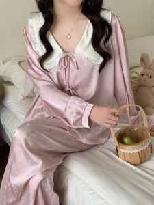 2025 New Womens Sleepwear Set Silk Satin Feel Home Clothes Two-Piece Set Court Style Spring Autumn Luxury Long Sleeve Long Pants