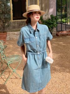 YINLUOYA | Inloria Korean Style High Waist Short Sleeve Denim Dress Summer New Arrival Slimming Shirt Dress A-Line Skirt Single Button Closure