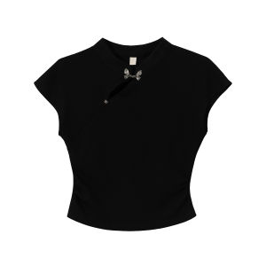 Summer New Chinese Style 2024 New Arrival Chic Tops Womens Short Black Short-Sleeved T-shirt Buckle Shoulder National Style T-shirt