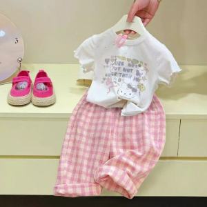 Stylish Short Sleeve T Shirt & Checkered Pants Set for Toddler Girls