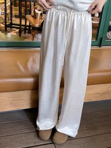 Phụ nữ mùa hè kết cấu cạp cao co giãn mới với một cảm giác treo lên và sang trọng quần ống rộng satin Acetate quần ống đứng giản dị