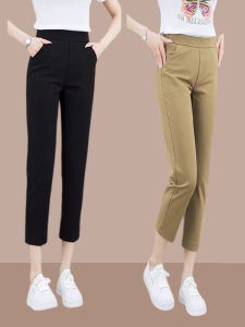 Slim Fit Casual Pants Womens Summer New Elastic Waist Stretchy Eighteen Pants High Waist Long Trousers Asymmetric Design