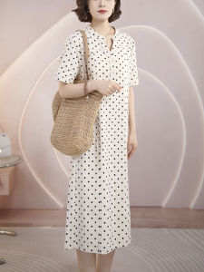 Summer 2025 Fashionable Polka Dot Slimming Print Dress Womens Waist Cinched A-Line Skirt Short Sleeve V-Neck Single Button