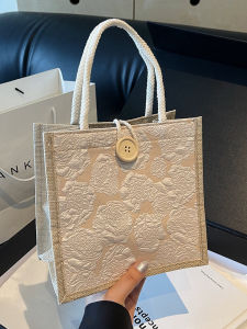 Trendy Womens Canvas Handbag Portable Lunch Bag Casual Outing Shoulder Bag Soft Square Shape Geometric Pattern Korean Style