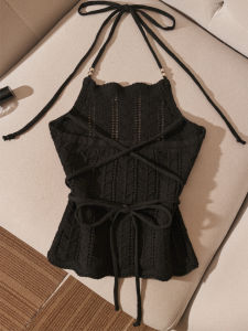 Sensual Spicy Knitted Strap Vest Hollow out Outerwear Slim Fit Womens Fashion Design Sweet And Hot Neck Hanging Top