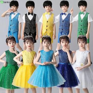 LOlanta Kids Boys Formal Vest Suits Short Sequined Performance Outfit Girls Mesh Princes Dress Birthday Wedding Party Piano Performance Wear 3-14Years