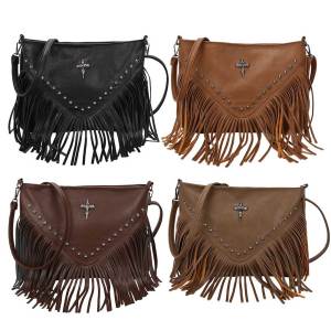 Mireille Women PU Studded Tassel Shoulder Bag Adjustable Strap Vintage Small Handbag Bohemian Messenger Bag for Outdoor Travel