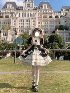 ชุดเดรสโลลิต้าสีดำและขาวพร้อมเสื้อคลุมสั้นสำหรับผู้หญิง ชุดกระโปรงเจ้าหญิง ชุดเดรสกระโปรงทรงเอ ชุดเดรสกระโปรงทรงเอสำหรับฤดูใบไม้ผลิและฤดูใบไม้ร่วง