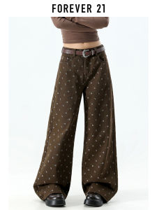 Forever 21 American Retro Brown Floral Wide Leg Jeans Womens Loose Slim Straight Cotton Pants Autumn New Style Comfortable Fit