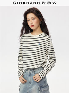 Giordano Long Sleeve Embroidered Cotton T-Shirt Womens Vintage Striped round Neck Casual Style Autumn Winter New Arrival