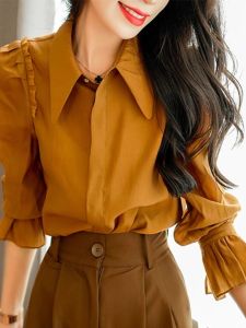 WANGGONGZHU | French Ruffle Collar Shirt Womens Design Sensible New 2025 Spring Fashionable Lantern Sleeve Top Korean Style Pure Color Commute Wind