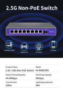 Hisource 8 Port 2.5G Ethernet Switch None POE Network Switch with 1*10G SFP Port for IP Camera/CCTV Security