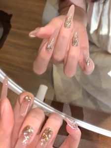 Handmade Long Flashing Luxury Pure Gold Leaf Nail Art Stickers White Enhancing Natural Looking Wearable False Nails Elegant Atmosphere