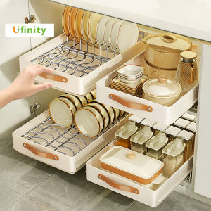 Lifinity Stainless Steel 304 Pull-out Basket Leather Handle Kitchen Organizer Dish Racks Plates Organizer with Sliding