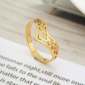 Cazador Aesthetic Hollow Hearts Rings for Women Girls Adjustable Gold Color Stainless Steel Finger Ring Jewelry Wedding Gifts