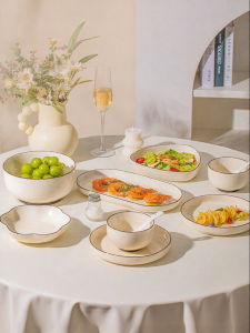 JINGDITAOCI | Glazed Underglaze Elegant Creamy Style Home Dinnerware Set