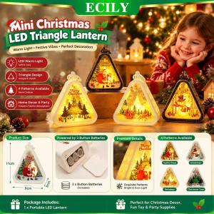 ECILY🔥New upgraded🔥 Mini Christmas LED Triangle Lantern Warm Light Table Ornament Santa Snowman Pattern Holiday Home Decoration Gift