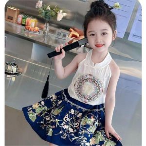 ชุดเด็กผู้หญิงฤดูร้อนปักลายจีน แขนกุด ผ้าฝ้าย 100% ชุดเด็กผู้ชายและเด็กผู้หญิง เสื้อผ้าเด็กสไตล์จีนโบราณ