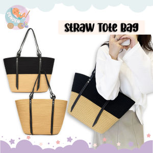 DenDen Large Capacity Summer Straw Tote Bag Women Leather Strap Handmade Casual Rattan Style Fashionable Picnic Beach Beg Tangan Wanita Kapasiti Besar 草编包大容量单肩包女