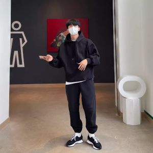 Casual Hooded Sweater Set Male Fancy Pure Color K-style Ins Trendy Two-Piece Suit Easiest for Match Loose Track Pants