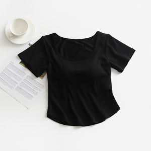 Short Sleeve T-Shirt Womens Summer New Arrival One-Piece Square Collar Short Sleeve Inner Wear Outer Wear Fishbone Curved Bottoming Shirt with Chest Pad