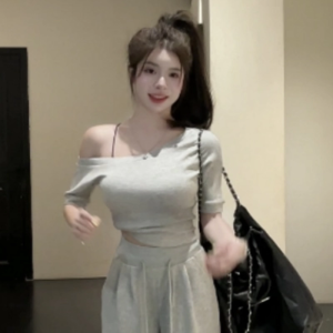 VKSOD | Gray Shoulder Slant Short Top Womens Summer Casual Wide Leg Pants Two-Piece Set Korean Style Hot Girl Complete Ensemble