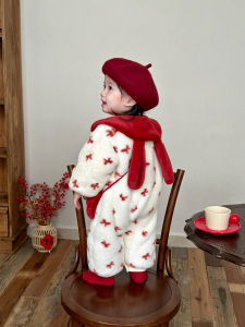 Thickened Fleece Winter Romper Baby Girl Clothes New Year Celebration Outfit One Year Old Birthday Dress Korean Style Cotton Polyester