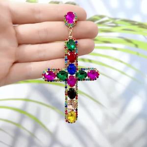 Europe America Popular Colorful Glass Cross Big Dangle Earrings For Women Party Exaggerated Jewelry Luxury Statement Ear Pendant