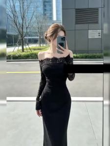 CHANGTONG | Lace One-Shoulder Fitted Sheath Long Dress