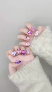 100% HANDMADE Short Round Artificial Nail Ugly and cute sausage mouth pink bow tie spring hand drawn girl Artificial Nail Phototpy Fake Nails Art