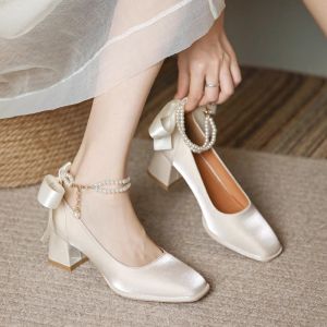 Elegant French Chunky Heel Single Shoes Womens Evening Wedding White Mary Janes Comfortable Bride High Heels Not Tired Foot