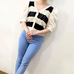 ECLAIRE 003 Blouse Knit Rajut Kombinasi Mesh Salur Stripe Korea Kerja Kasual Casual Import kigsa