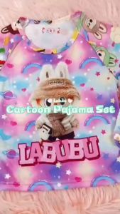 LABUBU childrens pajamas set girls cute cartoon pajamas cotton thin section of home clothing short-sleeved Baju Tidur Budak Perempuan Lelaki