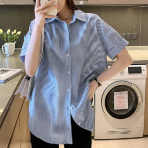 Blue Striped Loose Fit Short Sleeve Womens Shirt Korean Style Commute Button Detail Regular Thickness Summer Trendy Top